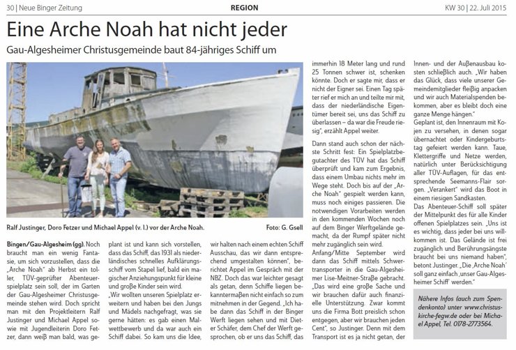 Artikel In Der Neuen Binger Zeitung - Projekt Arche Noah